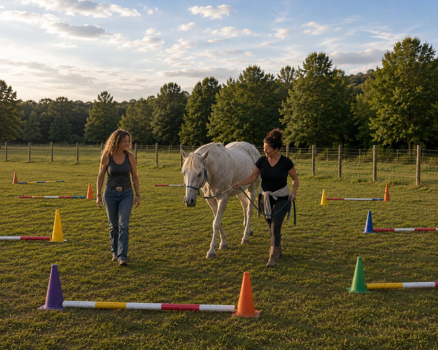 Walking a horse through a learning course at golden hour