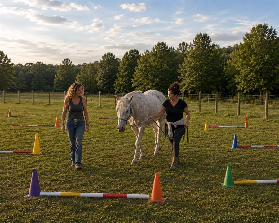 Walking alongside a horse through a ground course at golden hour